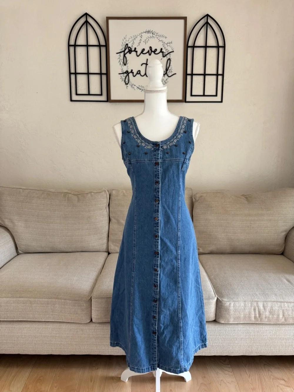 Vintage Christopher & Banks Embroidered Denim Button-Front Midi Dress Size 10